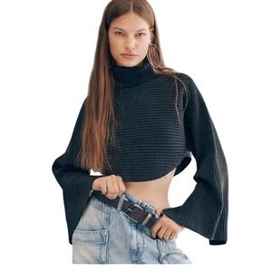 Free People Billie Mock Turtleneck Cropped Sweater Bell Sleeve Charcoal S